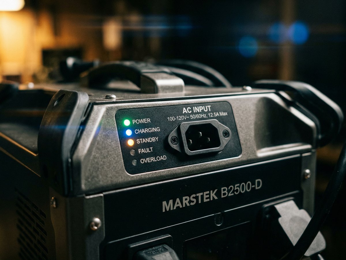 Marstek B2500-D Anschlussdetail mit AC-Eingang und Status-LEDs